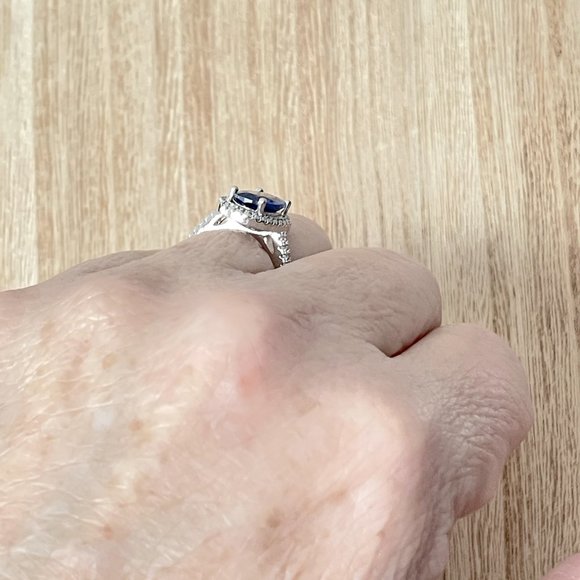 Oval Simulated Sapphire Halo Ring - 925 Sterling Silver - Picture 5 of 5